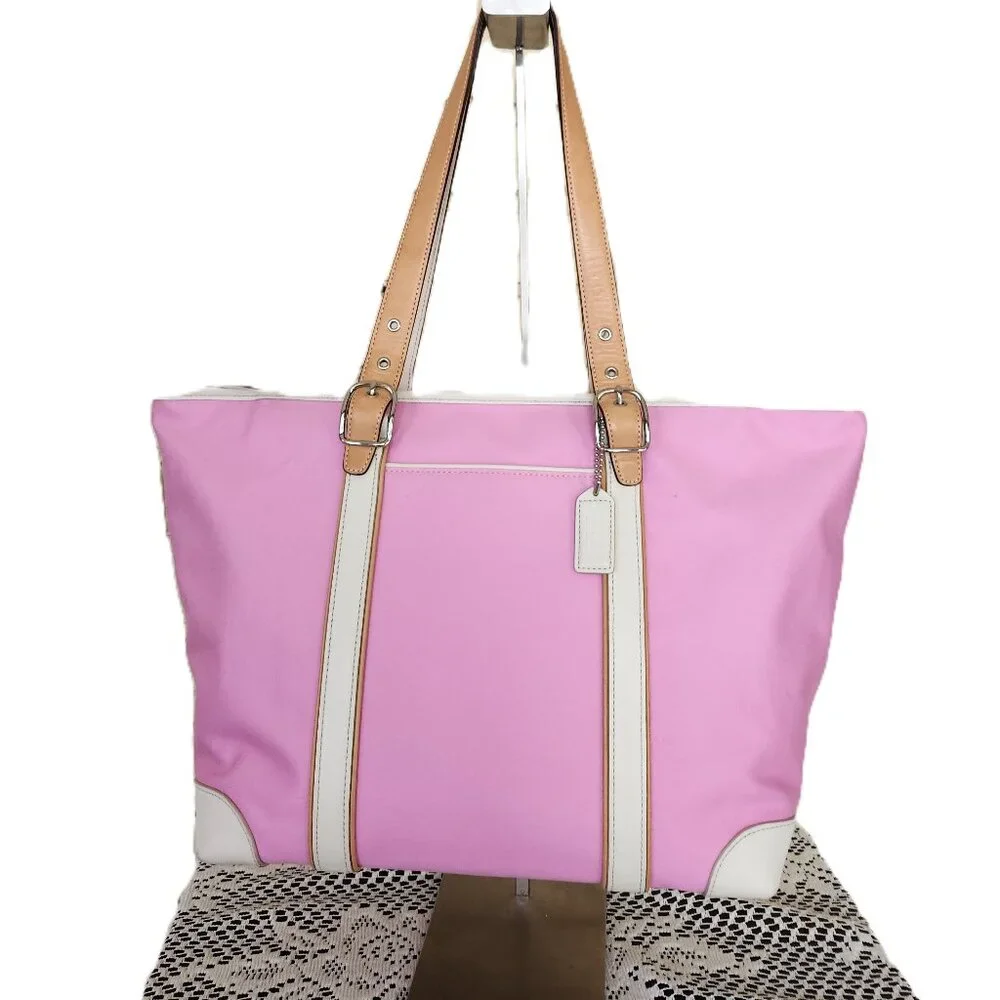 Vintage Coach Hampton Pink & White Leather Shoulder Bag Tote Purse